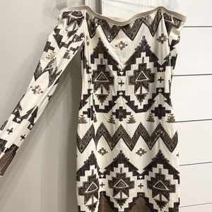 Sequin body con off the shoulder long sleeve dress
